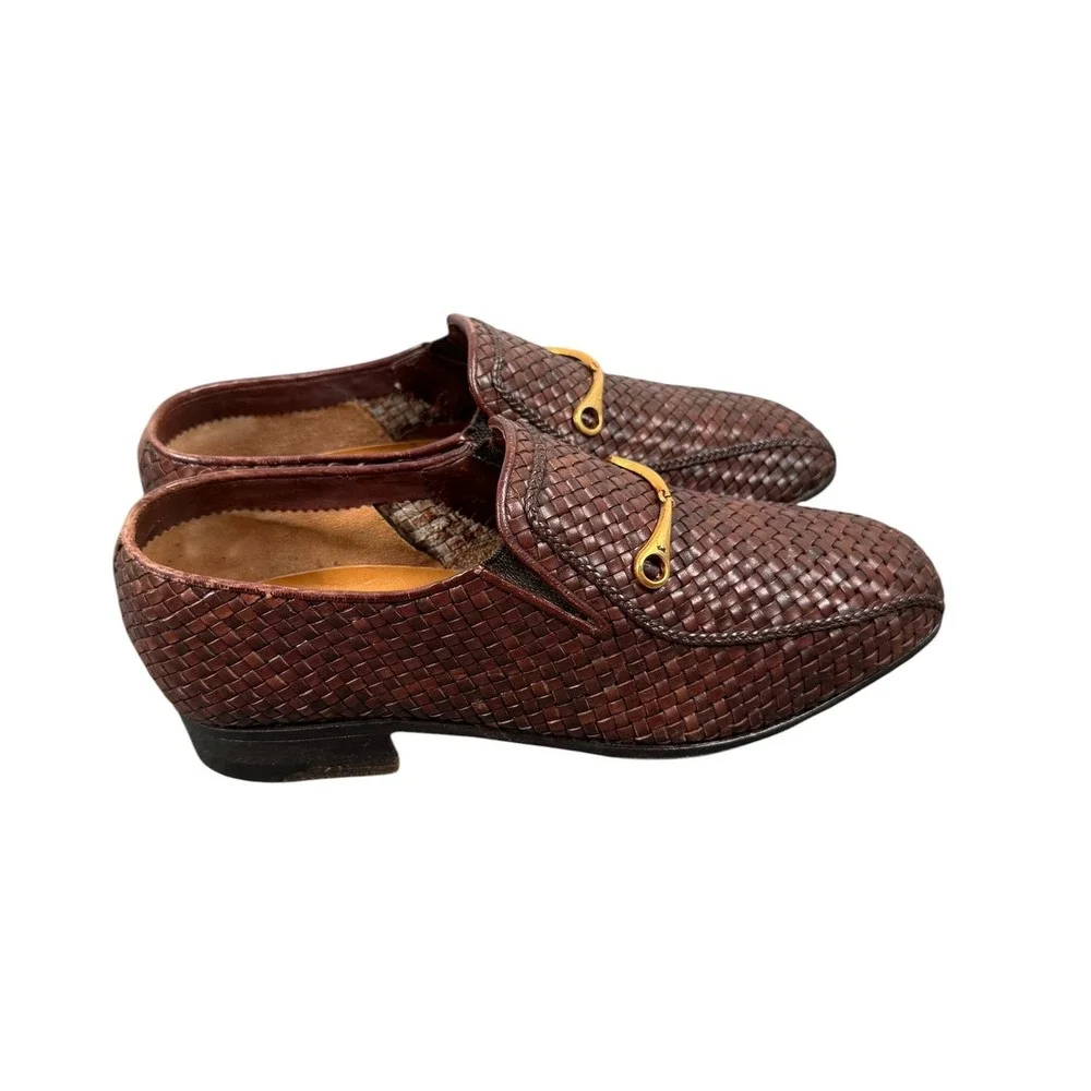 A. Testoni Brown Leather Woven Horse Gold Bit Men's Loafers Size UK5 Us 6 G